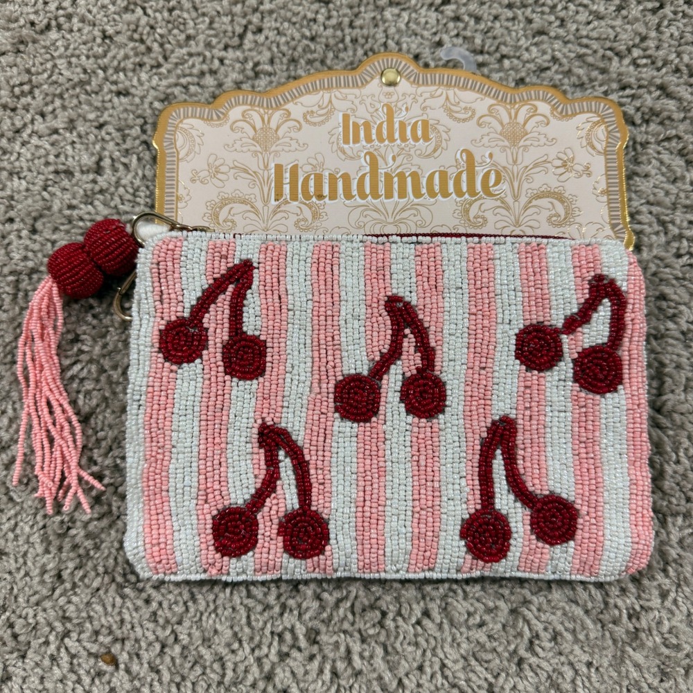 India Handmade Cherry Coin Purse Women OS Pink White New Beaded Tassel Zip Pouch